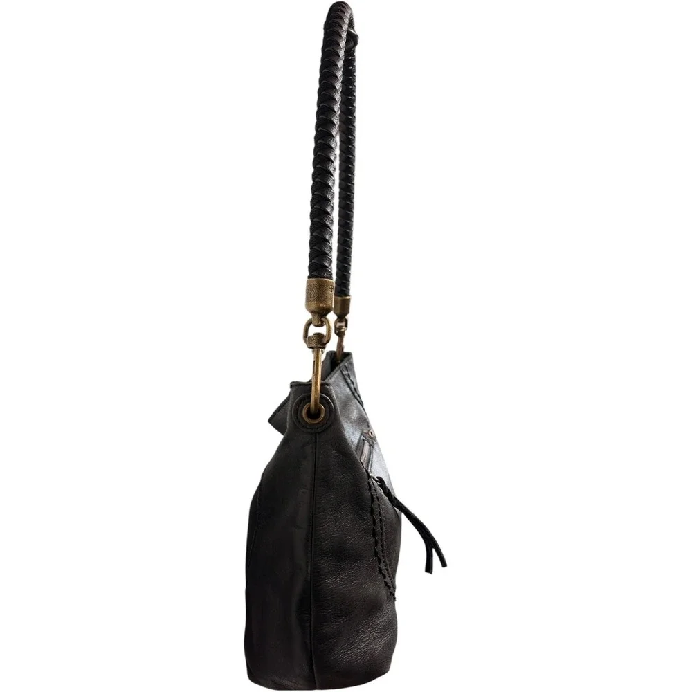 The Sak Black Leather Boho Shoulder Bag Braided Strap‎ Antique Brass Hardware